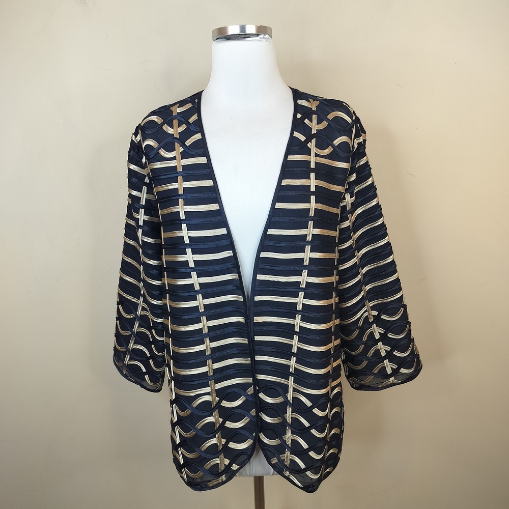 Chico's Travelers Ribbon Soutache Jacket 3 XL Sheer Evening Blue Black Gold